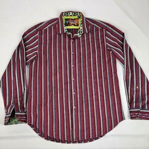 Robert Graham Red Striped Button Down Dress Shirt. Size Large